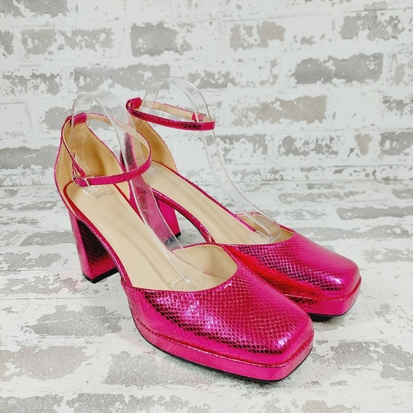 NEW BP BE PROUD Fynn Pink Metallic Ankle Strap Platform Heeled Sandals K297 - Picture 4 of 12